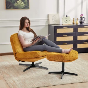 Redlife-Single Sofa with Ottoman, Swivel Chair, Corduroy Accent Chair, Tufted Upholstered, Lazy, Living Room, Bedroom, 360 ° 2