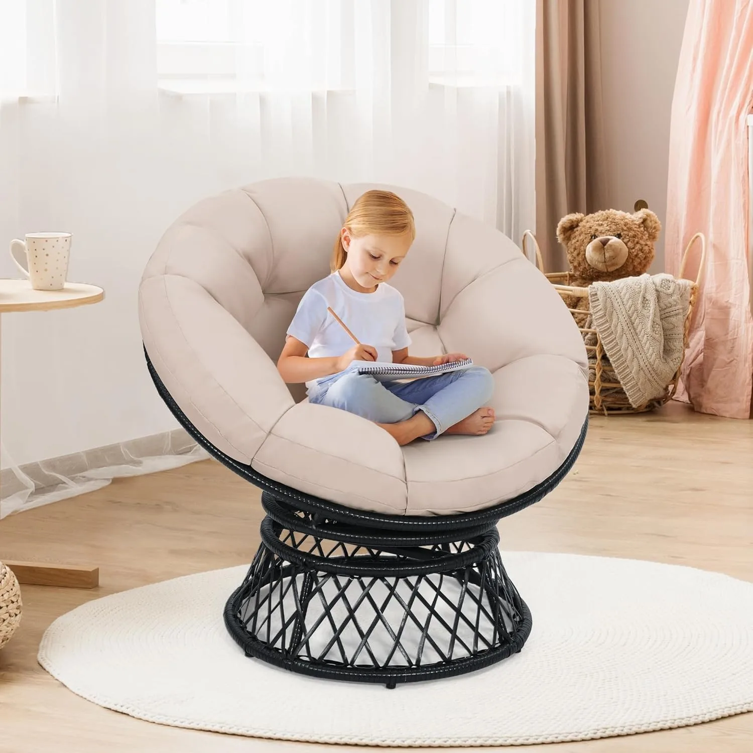 37" Wicker Papasan Circle Chair,360° Swivel Living Room Chair,Indoor Outdoor Rattan Chair with Thick Cushion,Ideal for Teenagers 2 37" Wicker Papasan Circle Chair,360° Swivel Living Room Chair,Indoor Outdoor Rattan Chair with Thick Cushion,Ideal for Teenagers 2