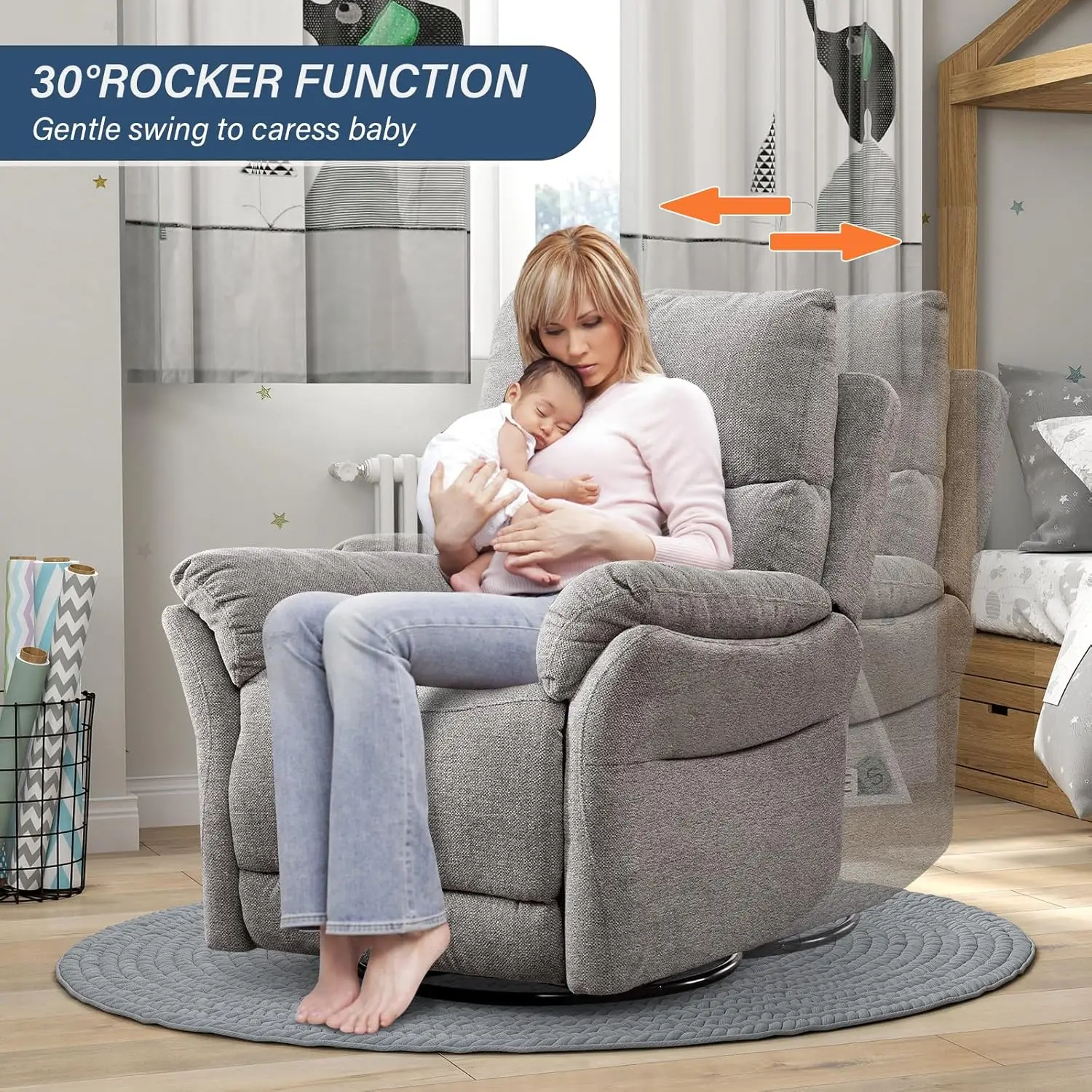 Swivel Rocker Recliner Chair, Manual Fabric Glider Nursery Recliner Chair, Single Rocking Modern Sofa 4 Swivel Rocker Recliner Chair, Manual Fabric Glider Nursery Recliner Chair, Single Rocking Modern Sofa 4