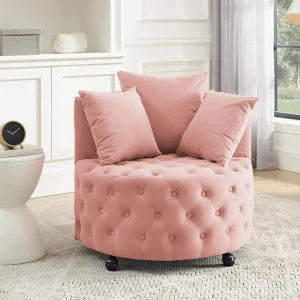 Swivel Barrel Accent Chair, 30” Modern Velvet Round Sofa Chair with 3 Pillows and Wheels, Comfy Tufted Club Lounge Chair 1